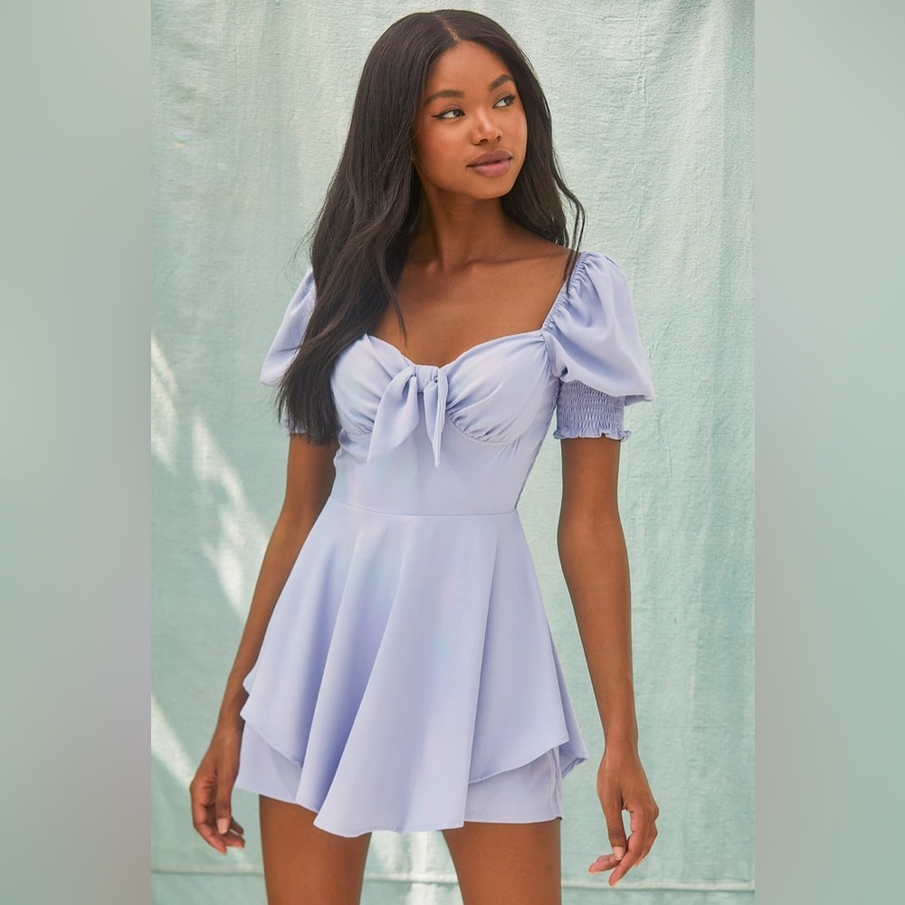 Lulus Be Your Sweetheart Light Blue Puff Sleeve Skort Romper size medium